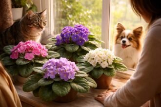 Eine Usambaraveilchen auf einer Fensterbank mit grünen Blättern und zarten violetten Blüten