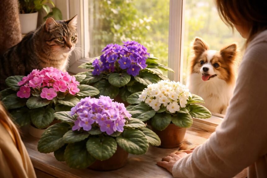 Eine Usambaraveilchen auf einer Fensterbank mit grünen Blättern und zarten violetten Blüten