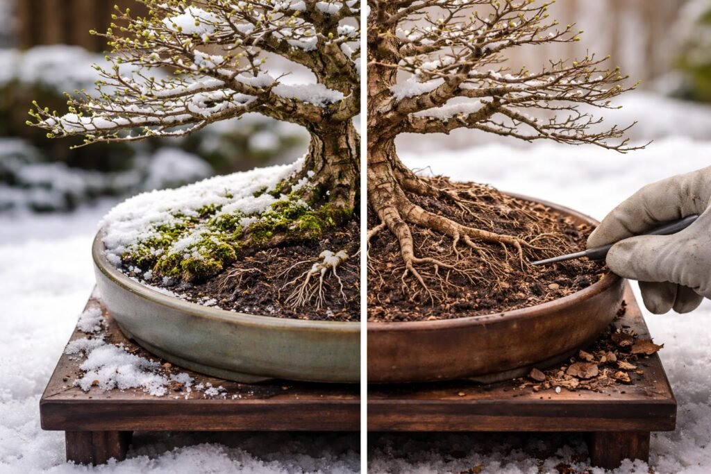 Winterlicher Bonsai mit kahler Krone, dünnen Zweigen und frostigem Hintergrund