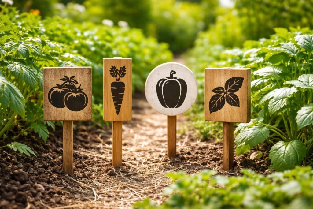 - Nachhaltige Pflanzenschilder zeigen Stil, Lesbarkeit, Umweltfreundlichkeit und Beständigkeit im Gartenkontext.