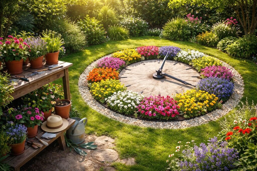 Eine kunstvoll gestaltete Blumenuhr als Gartenschmuck im Beetrand mit blühenden Blumen.