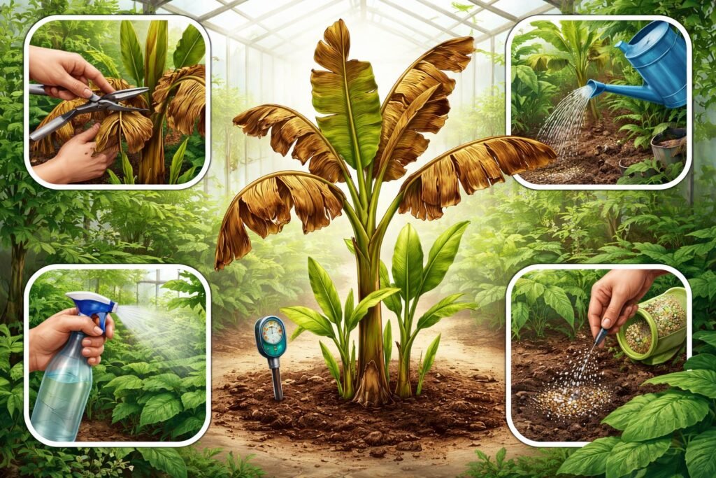 Bananenpflanze: Braune und vertrocknete Blätter - was tun? Bild einer Bananenpflanze mit braunen, vertrockneten Blättern und neuen Trieben