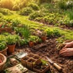 Garten im Frühling, März bis Mai, mit grünem Rasen und blühenden Stauden