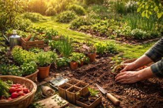 Garten im Frühling, März bis Mai, mit grünem Rasen und blühenden Stauden