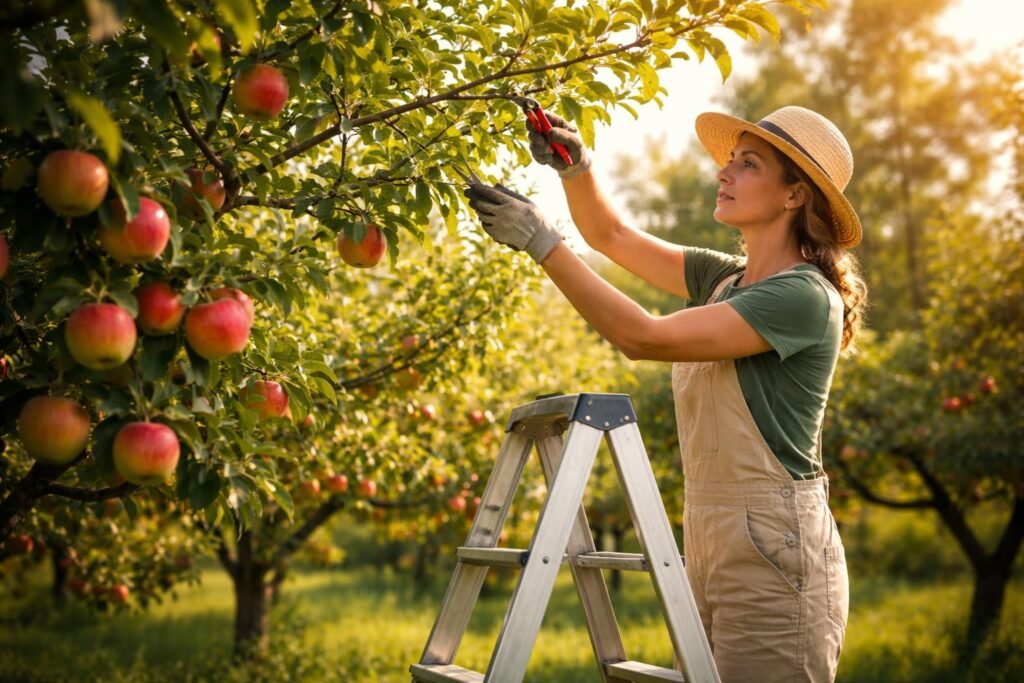 Obstbaum im Sommerschnitt, späte Schnittmaßnahmen gegen neues Wachstum erkennen und die Ernte optimieren.