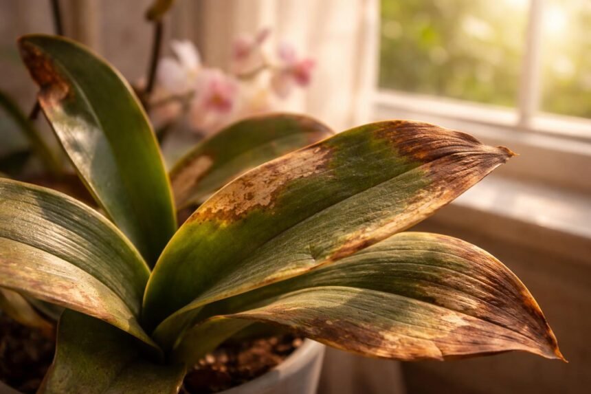 Sonnenbrand bei Orchideen: Ideen für Blätter-Sonnenschutz Sonnenverbrannte Orchideenblätter unter geschützt gefiltertem, sanftem Licht auf der Fensterbank