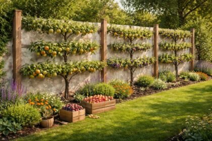 Spalier aus Holz gegen Hauswand mit fruchtbaren Obstbäumen im Frühling