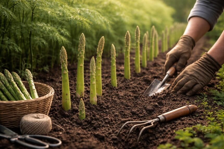 Spargelpflege – Vom Aussäen bis zur Ernte - Spargelbeet im Frühlingslicht, grüne Stangen wachsen aus dem lockeren Boden.