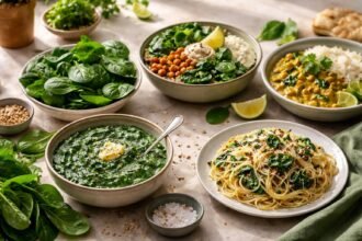 Nahaufnahme von frischem Spinat, glänzend grün, vielseitig einsetzbar in Gerichten.