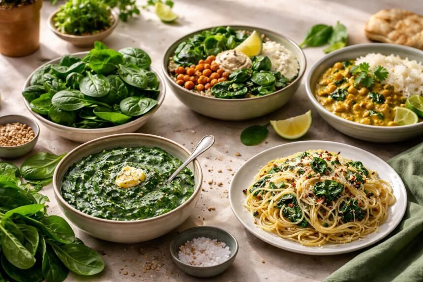 Nahaufnahme von frischem Spinat, glänzend grün, vielseitig einsetzbar in Gerichten.