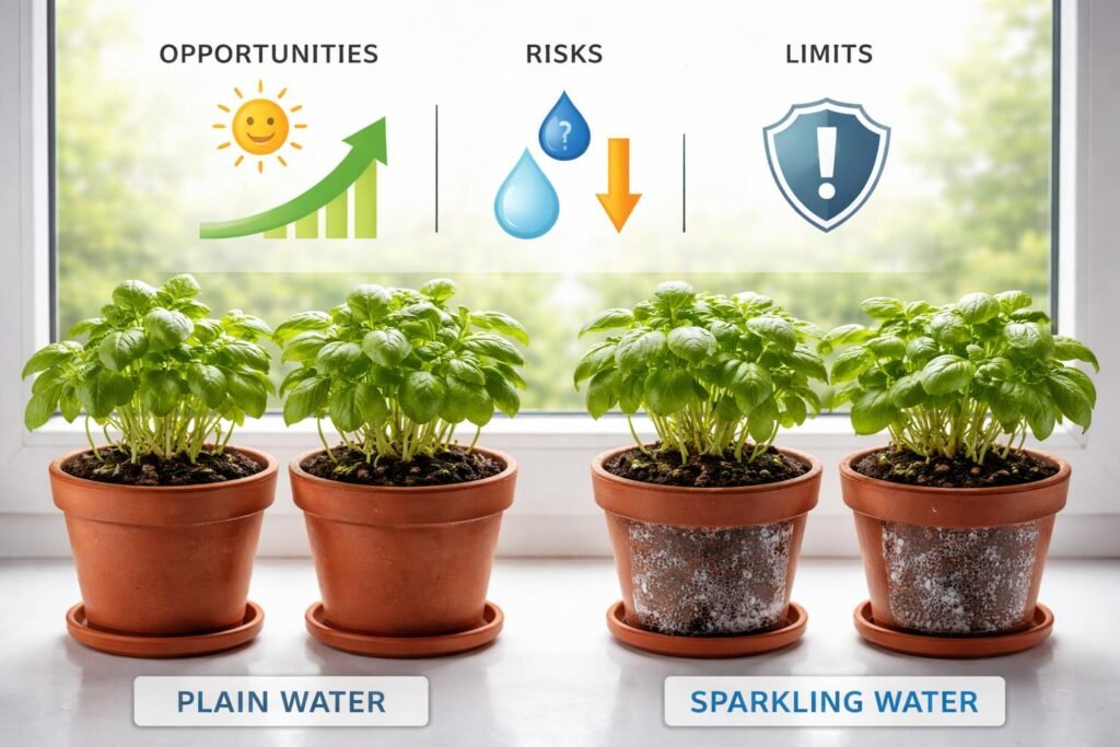 Gartenpflanzen werden mit Sprudelwasser gegossen; Chancen, Risiken und Grenzen werden erläutert