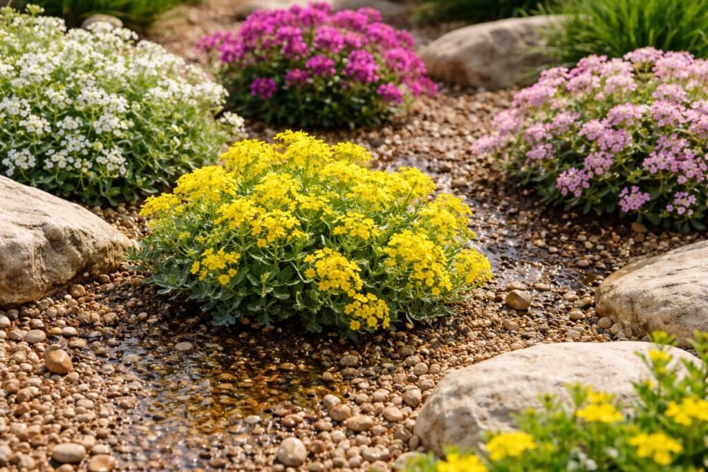 Steinkraut-Pflanze im sonnigen Standort, sandiger Boden, vorsichtig gegossen und pflegeleicht im Garten.