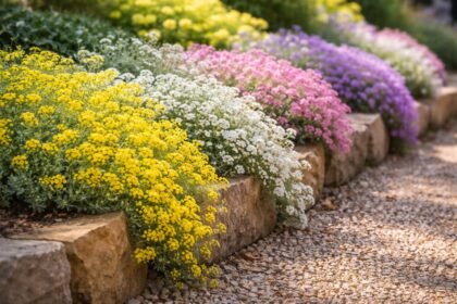 Gelb leuchtendes Steinkraut zwischen hellen Steinen, idyllisch im sonnigen Beetboden