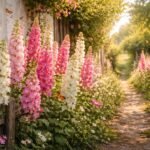 Stockrosen im Bauerngarten vor Holzmauer, Bienen und Schmetterlinge sichtbar fröhlich umgeben.