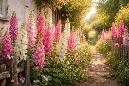 Stockrosen im Bauerngarten vor Holzmauer, Bienen und Schmetterlinge sichtbar fröhlich umgeben.