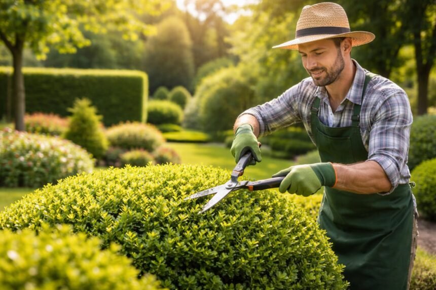 Gärtner schneidet Sträucher heute sorgfältig im sonnigen Garten mit Astschere.
