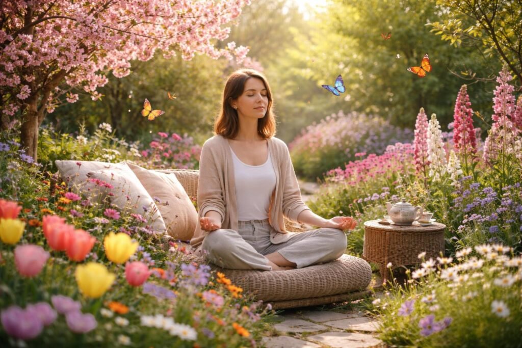 Fit und gesund: Gartenarbeit als Wohlfühlgeheimnis Eine Person arbeitet achtsam im sonnigen Garten, umgeben von beruhigenden Blumen