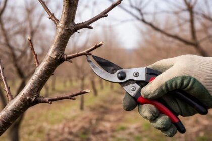 Süßkirschbaum beim Winterschnitt im Februar–April mit gut gepflegten Kronen und stabilem Wuchs.
