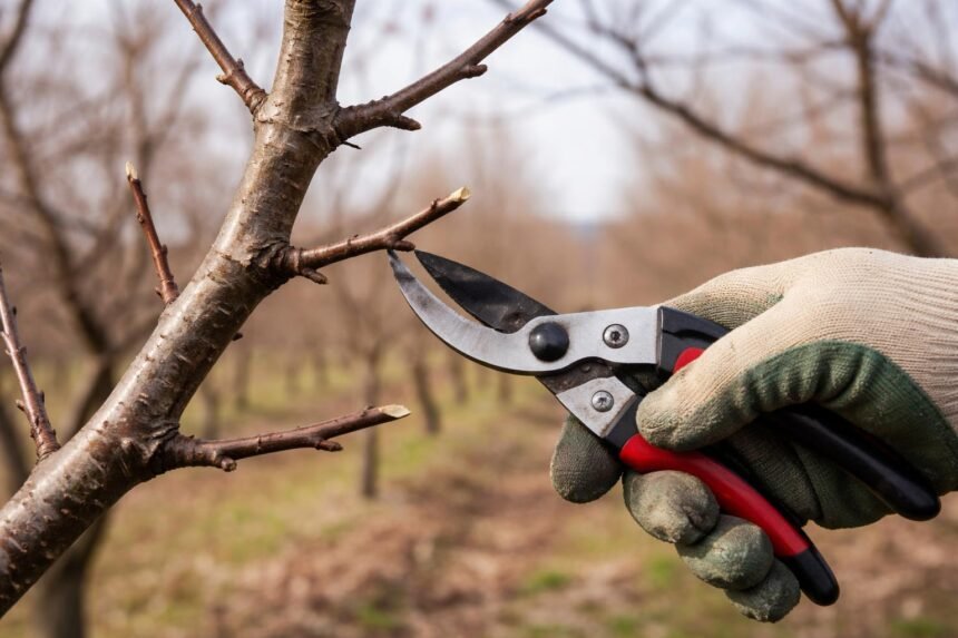 Süßkirschbaum beim Winterschnitt im Februar–April mit gut gepflegten Kronen und stabilem Wuchs.
