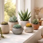 Nahaufnahme mehrerer roter und grüner Sukkulenten, Licht durch Fenster, schafft ruhige Wohnatmosphäre.