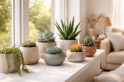 Nahaufnahme mehrerer roter und grüner Sukkulenten, Licht durch Fenster, schafft ruhige Wohnatmosphäre.