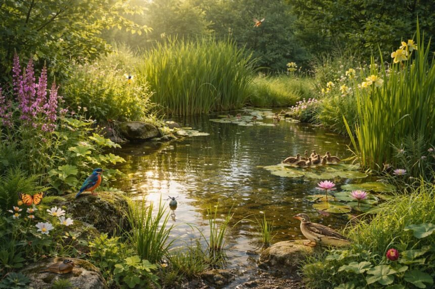 Sumpfpflanzen schaffen feuchte Lebensräume, kleine Teiche, farbenreiche Uferzonen, artenreich und einladend.