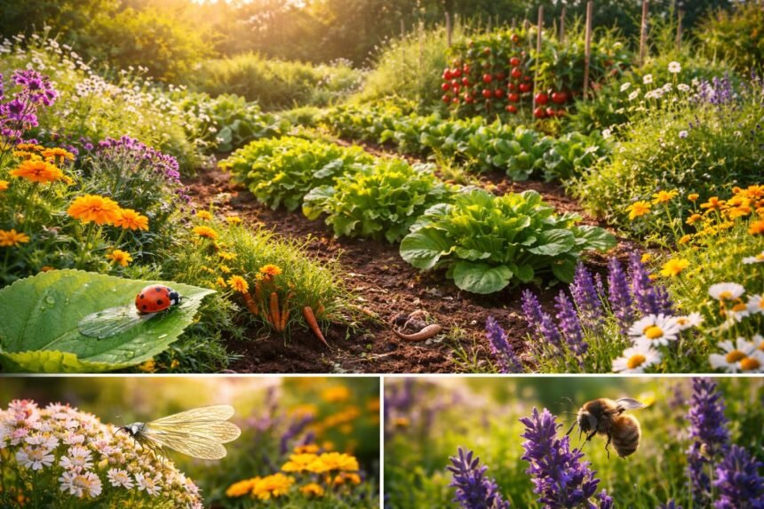 Tierische Hilfe im Gemüsegarten: So siedeln Sie Nützlinge an Gemüsegarten mit Nützlingen wie Marienkäfern und Bienen im Beet, harmonisch