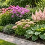 Ein Beet mit farbenfrohen Stauden, robust und pflegeleicht, perfekte Gartenperspektive.