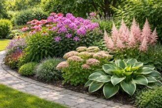 Ein Beet mit farbenfrohen Stauden, robust und pflegeleicht, perfekte Gartenperspektive.