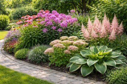 Ein Beet mit farbenfrohen Stauden, robust und pflegeleicht, perfekte Gartenperspektive.
