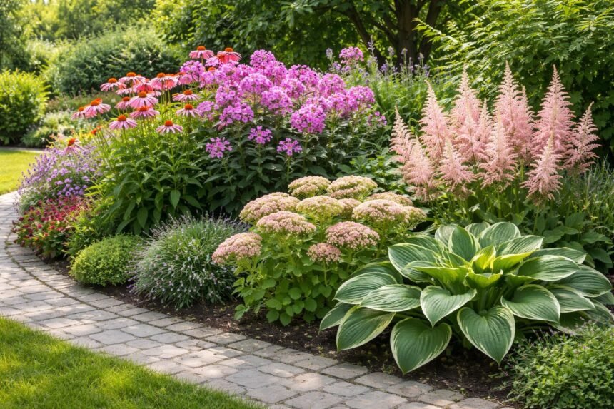 Ein Beet mit farbenfrohen Stauden, robust und pflegeleicht, perfekte Gartenperspektive.