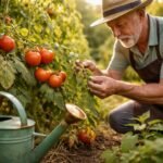 Tomatenpflanzen mit braunen Flecken, eingerollten Blättern und matschigen Früchten im Garten