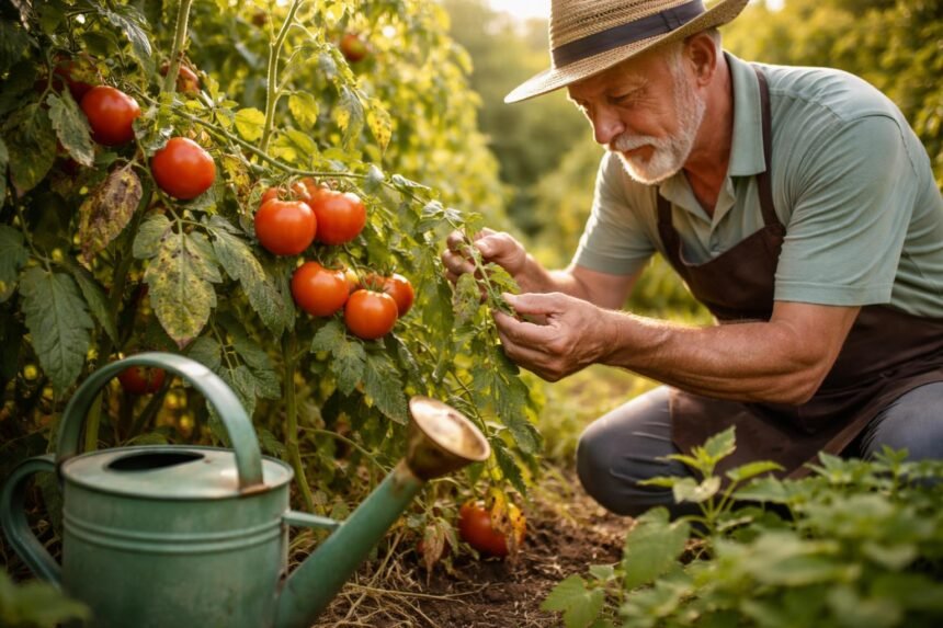 Typische Probleme mit Tomaten: So halten Sie die Pflanzen gesund Tomatenpflanzen mit braunen Flecken, eingerollten Blättern und matschigen Früchten im Garten