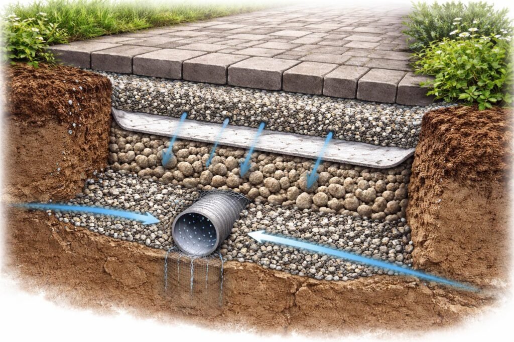 Detailaufnahme eines soliden Unterbaus, Drainage und Kies für einen Gartenweg