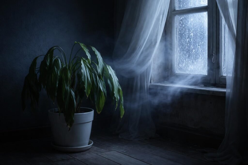 Einblatt lässt Blätter hängen: 6 häufige Ursachen Einblatt steht nahe kaltem Fenster; welkende Blätter durch Lichtmangel und Zugluft