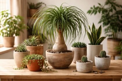 Elefantenfuß-Pflanze in einem grob geformten Keramiktopf neben Fensterlicht, sanft beleuchtet