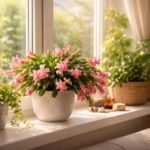 Weihnachtskaktus steht in hellem Wohnzimmerlicht auf einem kleinen Tisch vor einer Fensterfront