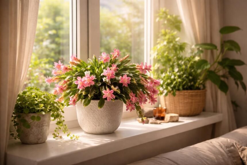 Weihnachtskaktus steht in hellem Wohnzimmerlicht auf einem kleinen Tisch vor einer Fensterfront