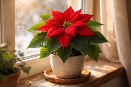 Nahaufnahme einer roten Weihnachtsstern-Blüte und grünen Blättern im warmen Wohnzimmerlicht