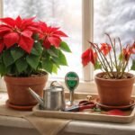 Weihnachtsstern mit einigen gelösten Blättern, bunte Deko im Wohnzimmer sichtbar