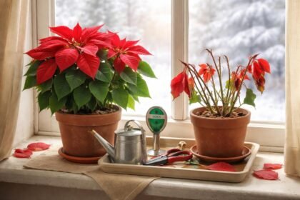 Weihnachtsstern mit einigen gelösten Blättern, bunte Deko im Wohnzimmer sichtbar