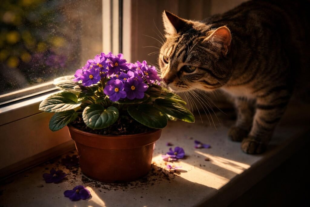 Usambaraveilchen im Wohnzimmer, neugierige Katzen schnuppern an bunten Blüten, aufmerksam