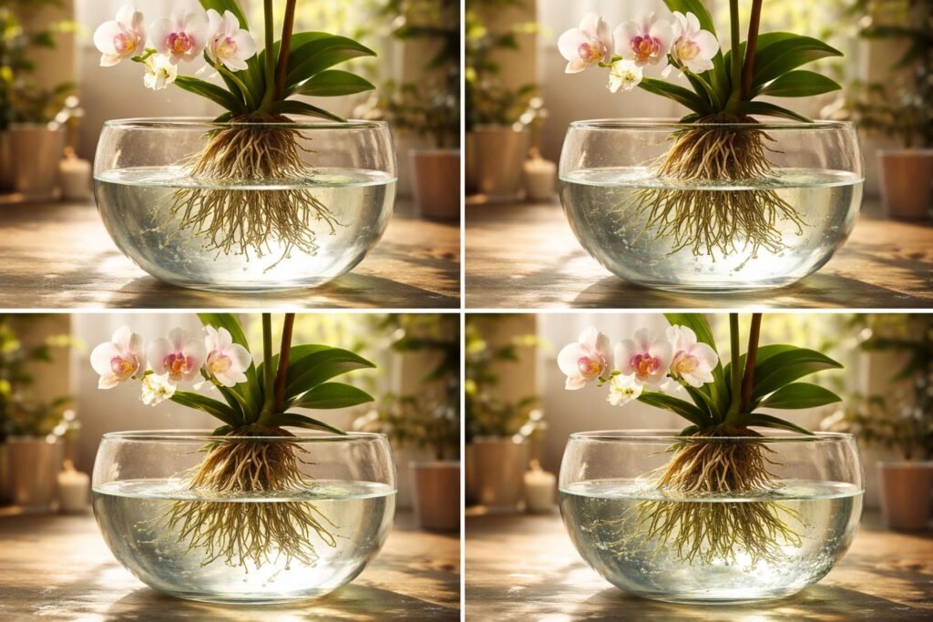 Nahaufnahme einer Orchidee, die im Tauchbad zur Bewässerung taucht und Pflanzenpflege zeigt