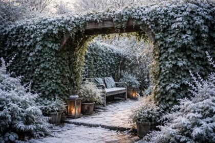 Winterharte Kletterpflanzen bedecken kahle Mauern, Zäune und Pergolen im Winterlicht.