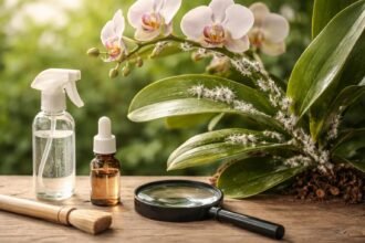 Nahaufnahme einer Orchidee mit Wollläusen, klebrigen Spuren und sichtbarer Blattgesundheit