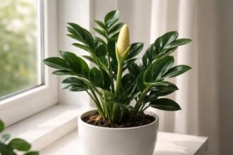 Nahaufnahme einer Zamioculcas-Zimmerpflanze mit Blüte und glänzenden Blättern im Wohnzimmer