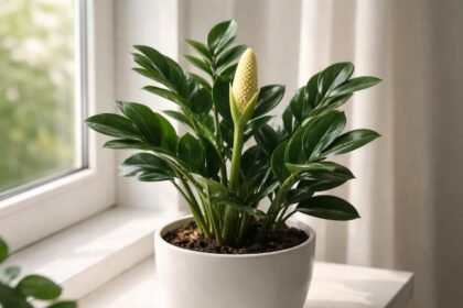 Nahaufnahme einer Zamioculcas-Zimmerpflanze mit Blüte und glänzenden Blättern im Wohnzimmer
