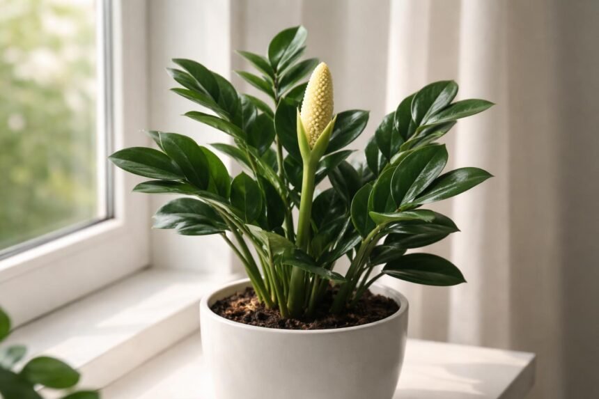 Zamioculcas blüht: Sollte man die Blüte entfernen? Nahaufnahme einer Zamioculcas-Zimmerpflanze mit Blüte und glänzenden Blättern im Wohnzimmer