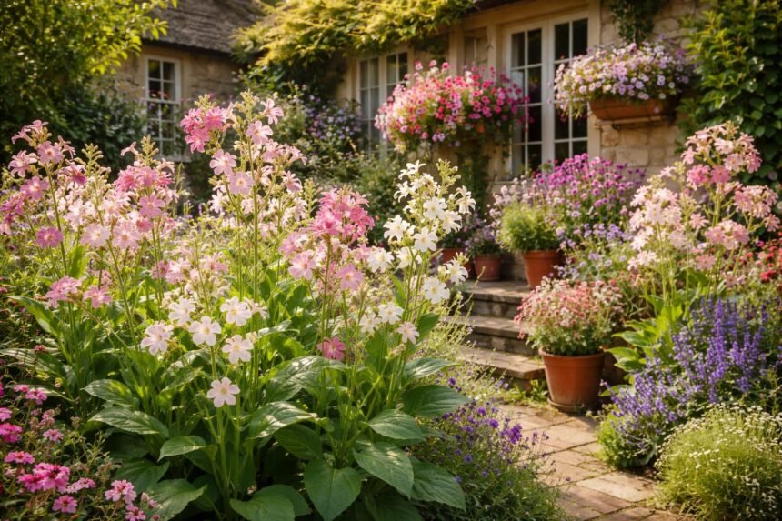 Nicotiana sanderae Ziertabak blüht üppig im Beet, duftende Blüten und grüne Blätter.