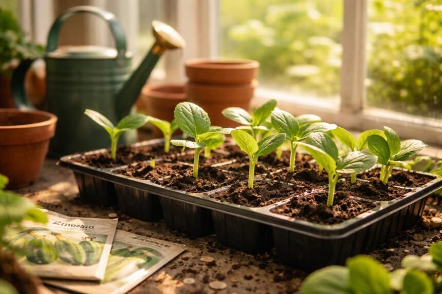 Junge Zucchini-Pflanzen in einem Mini-Gewächshaus wachsen kräftig und bereit fürs Beet.